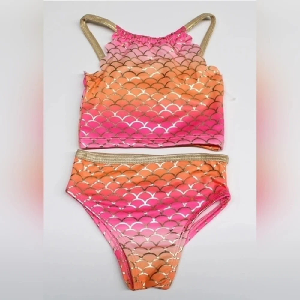 Mermaid Scallop Pink Orange & Metallic Gold Girls 2 Piece Bikini‎ Swimwear. NWT
